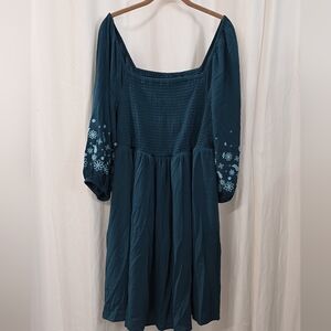 Torrid 1 1X 14/16 Teal Blue Crinkle Gauze Smocked Mini Dress Flowers Boho Beach